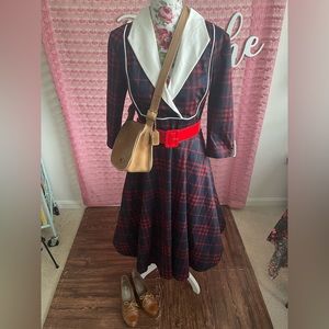Unique Vintage 1940s/1950s Academic Navy & Red Plaid Swing dress 💼📕👗
